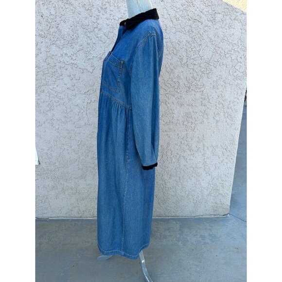 90s Vintage Denim Maxi Dress Velvet Collar/Cuffs Button-Down Front Waist Tie 4P - Picture 3 of 10